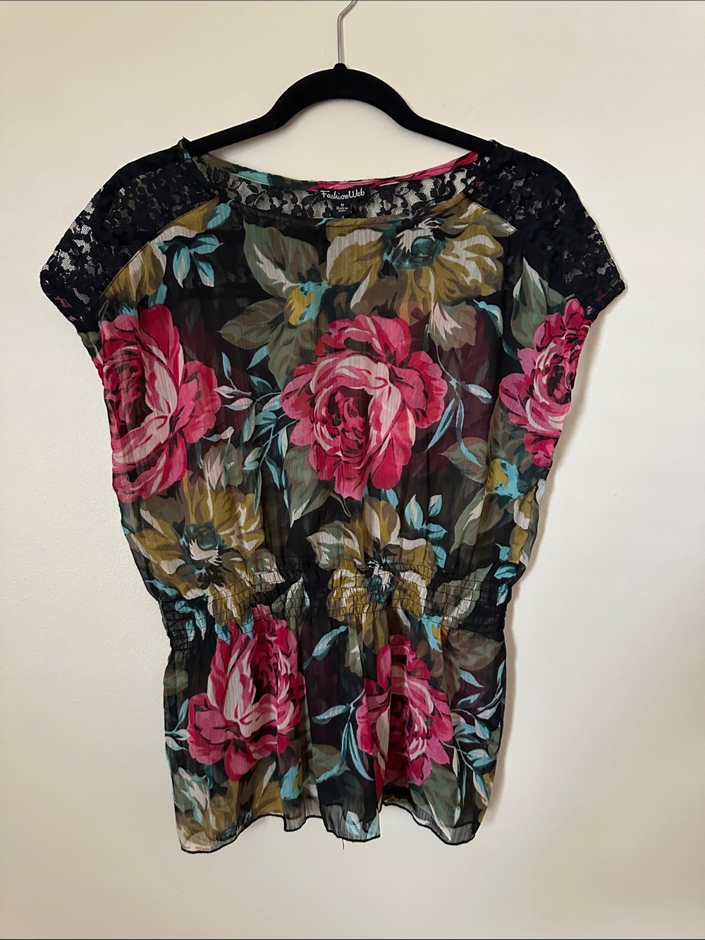 Floral Lace Cap-Sleeve Peplum Blouse - Black with Pink Floral
